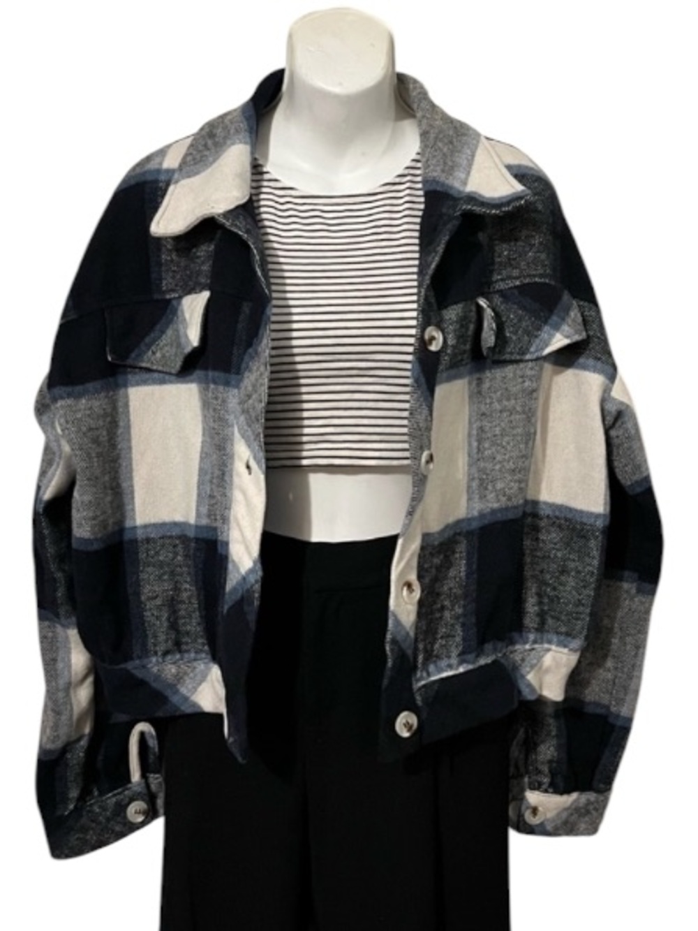 Cropped Flannel Loose Oversized Button Down Top Shirt Jacket Shacket 8/10